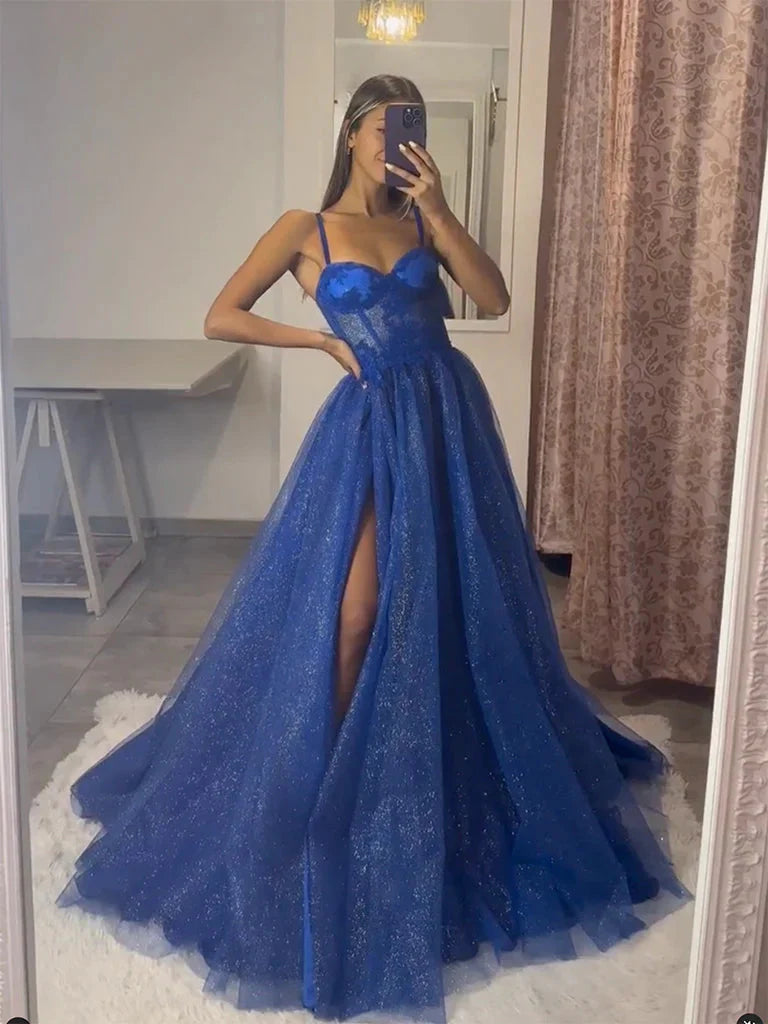 A-Line Sweetheart Neckline Tulle Lace Blue Long Ball Gown Women'S Formal Evening Dresses Main image