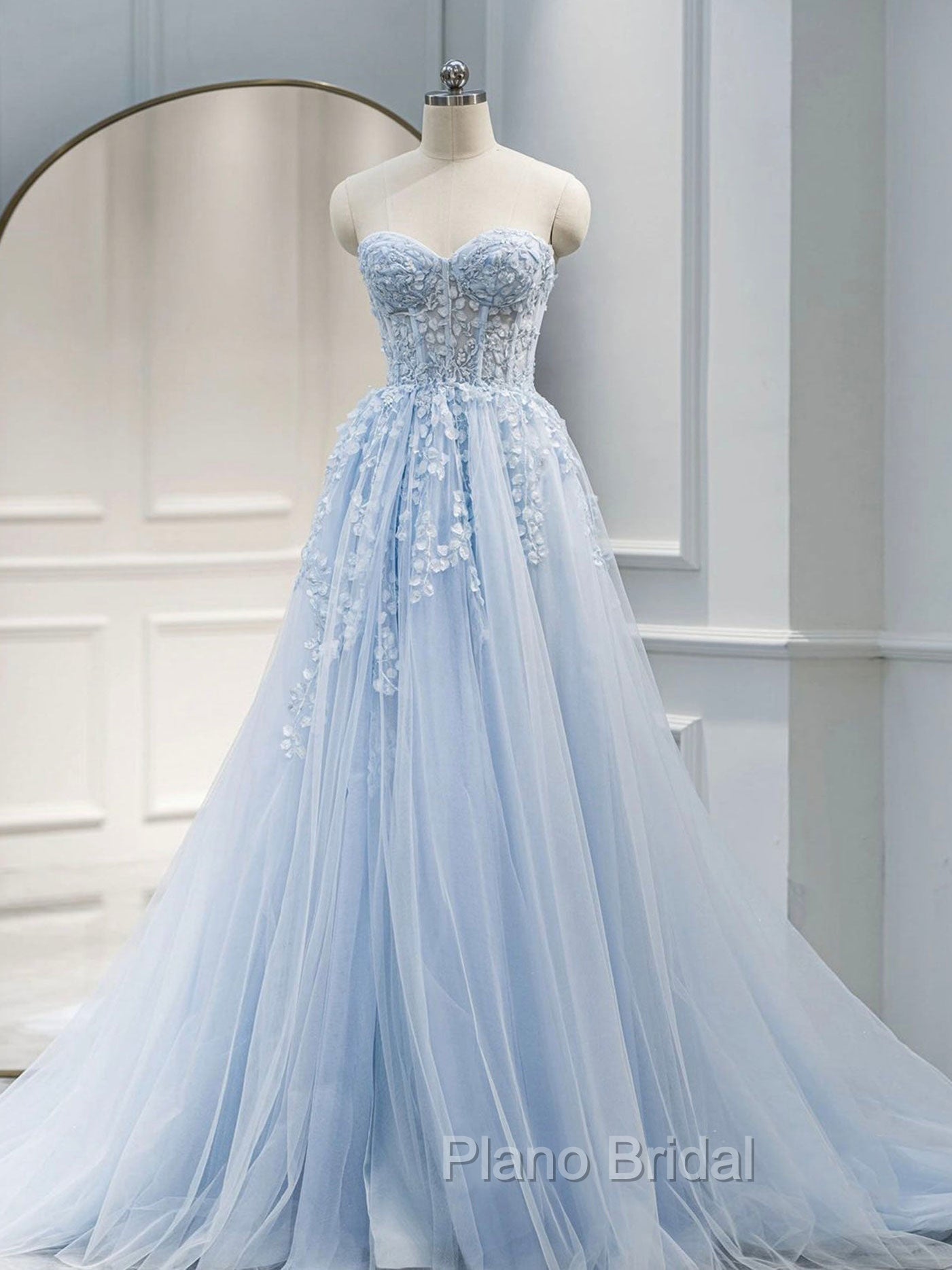 A Line Sweetheart Neck Tulle lace Blue Long Formal Prom Dresses, Lace Formal Gown Graduation Dresses Main image