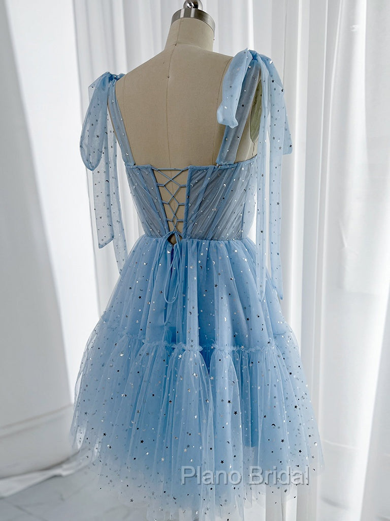 A-Line Sweetheart Neck Tulle Lace Blue Short Formal Prom Dresses, Blue Homecoming Dresses Secondary image