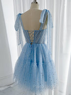 A-Line Sweetheart Neck Tulle Lace Blue Short Formal Prom Dresses, Blue Homecoming Dresses