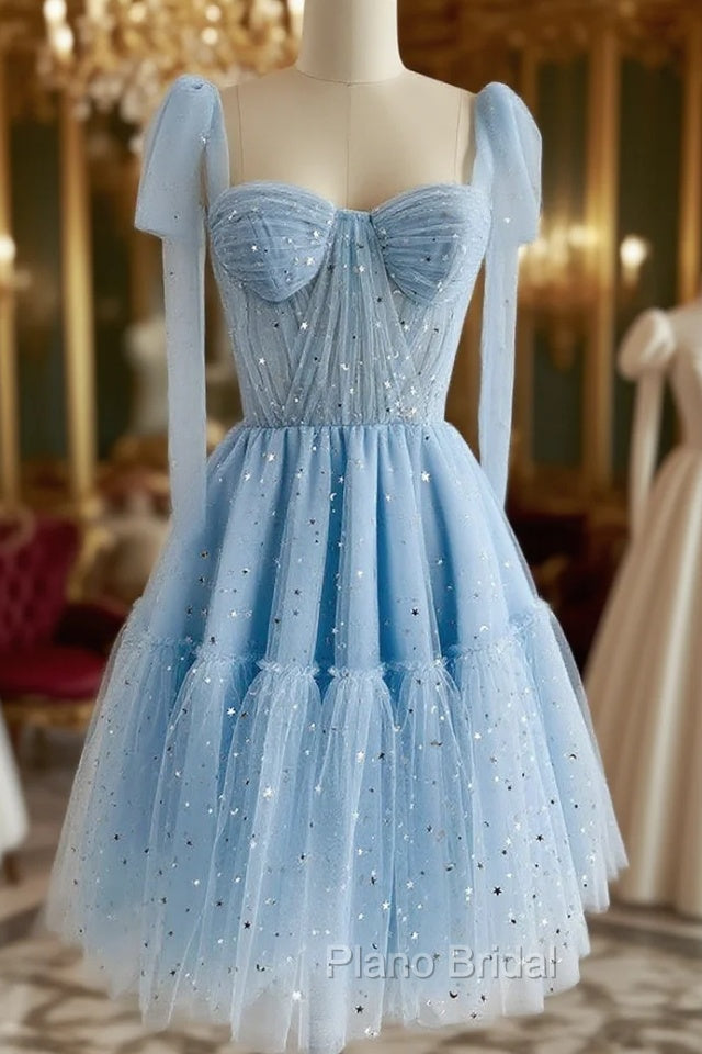 A-Line Sweetheart Neck Tulle Lace Blue Short Formal Prom Dresses, Blue Homecoming Dresses Main image