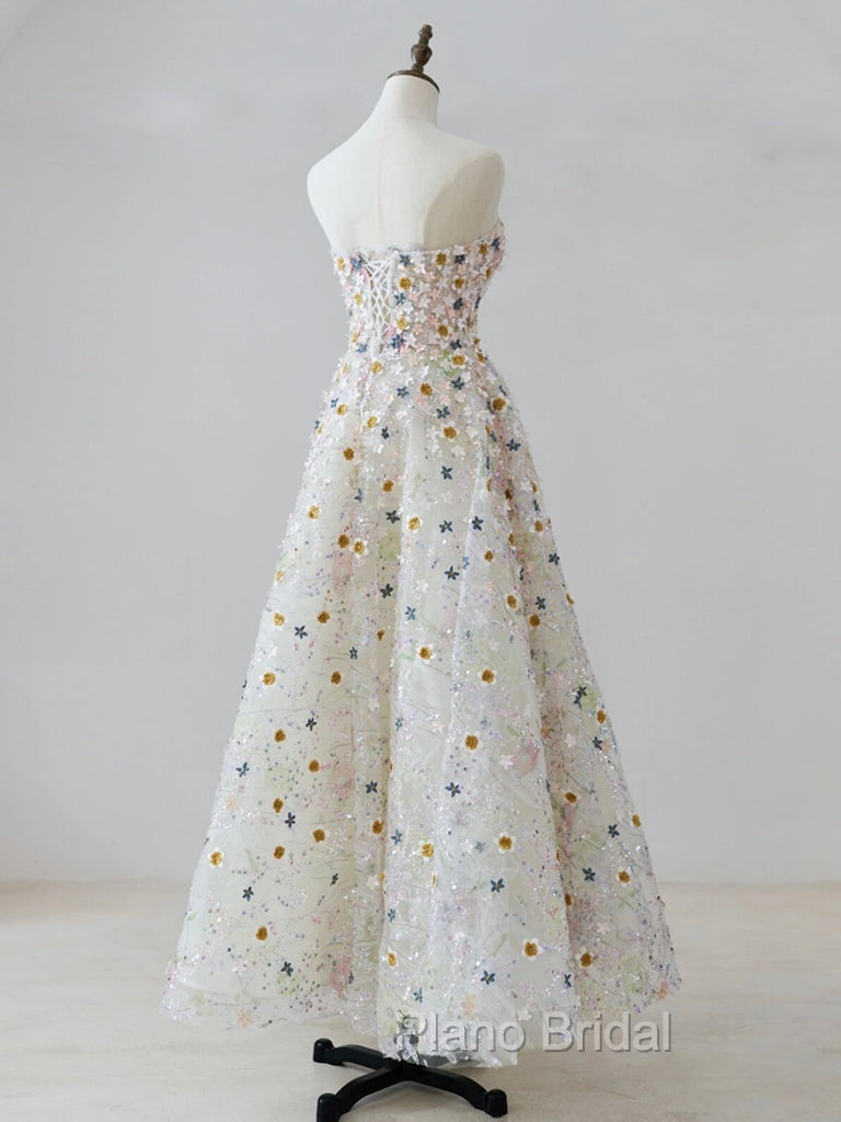 A-line Sweetheart Neck Tulle Lace Flower Beige Long Formal Prom Dresses, Beige Long Formal Dresses