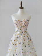 A-line Sweetheart Neck Tulle Lace Flower Beige Long Formal Prom Dresses, Beige Long Formal Dresses