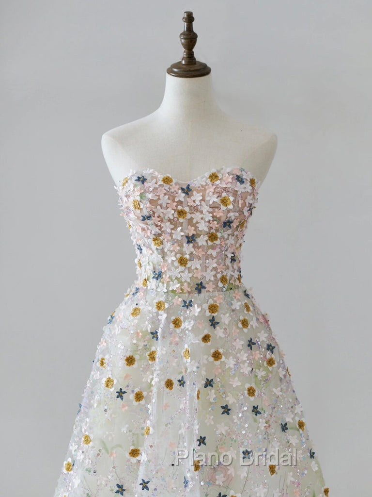 A-line Sweetheart Neck Tulle Lace Flower Beige Long Formal Prom Dresses, Beige Long Formal Dresses