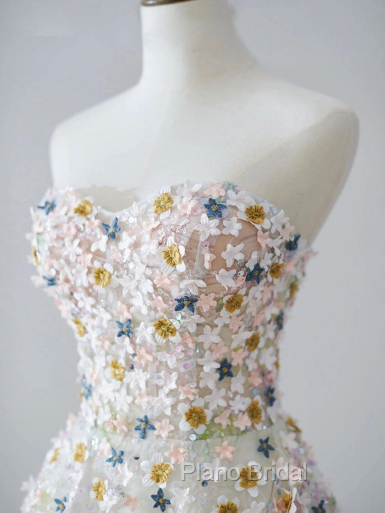 A-line Sweetheart Neck Tulle Lace Flower Beige Long Formal Prom Dresses, Beige Long Formal Dresses