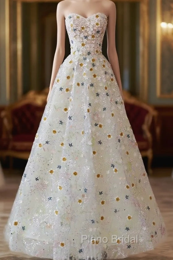 A-line Sweetheart Neck Tulle Lace Flower Beige Long Formal Prom Dresses, Beige Long Formal Dresses Main image