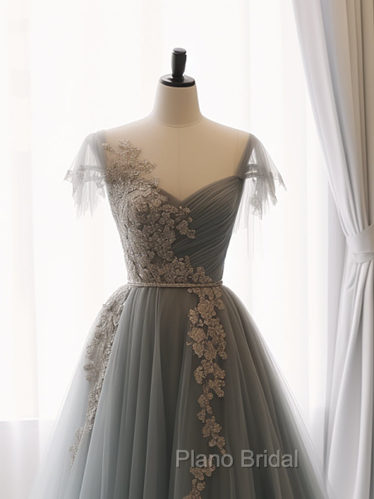 A-Line Sweetheart Neck Tulle Lace Gray Blue Long Formal Prom Dresses, Gray Blue Formal Dresses