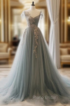 A-Line Sweetheart Neck Tulle Lace Gray Blue Long Formal Prom Dresses, Gray Blue Formal Dresses