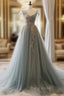 A-Line Sweetheart Neck Tulle Lace Gray Blue Long Formal Prom Dresses, Gray Blue Formal Dresses