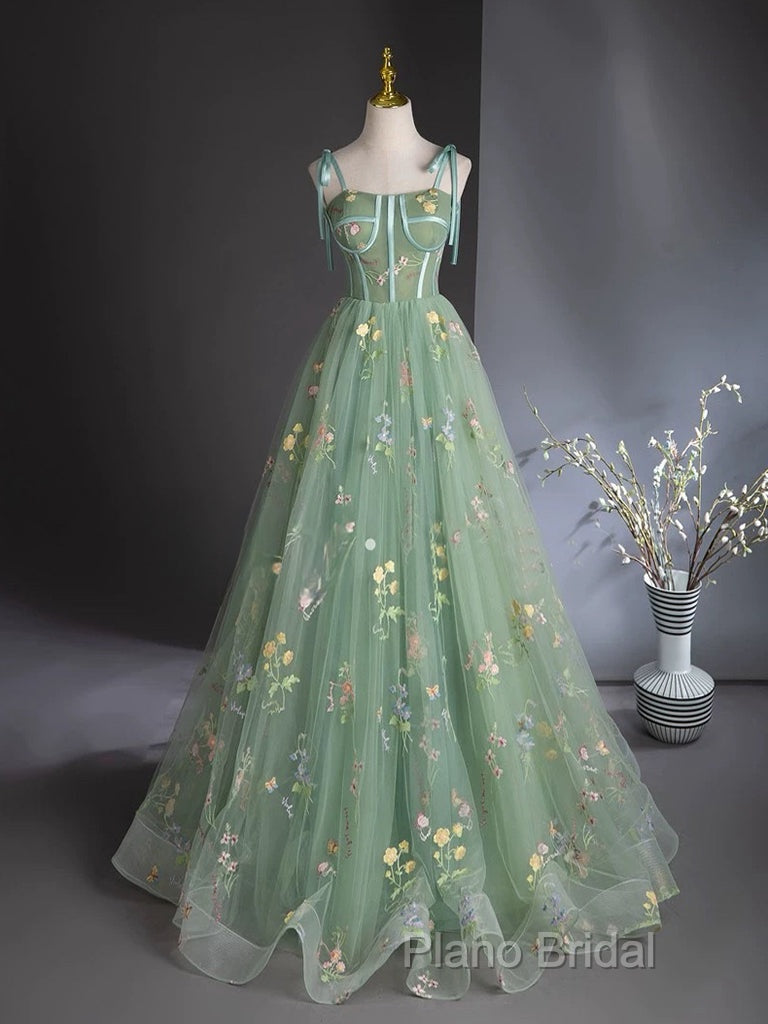 A-Line Sweetheart Neck Tulle Lace Green Long Formal Prom Dresses Secondary image