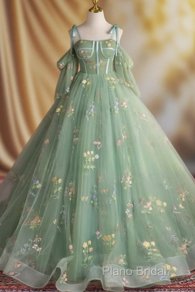 A-Line Sweetheart Neck Tulle Lace Green Long Formal Prom Dresses Main image