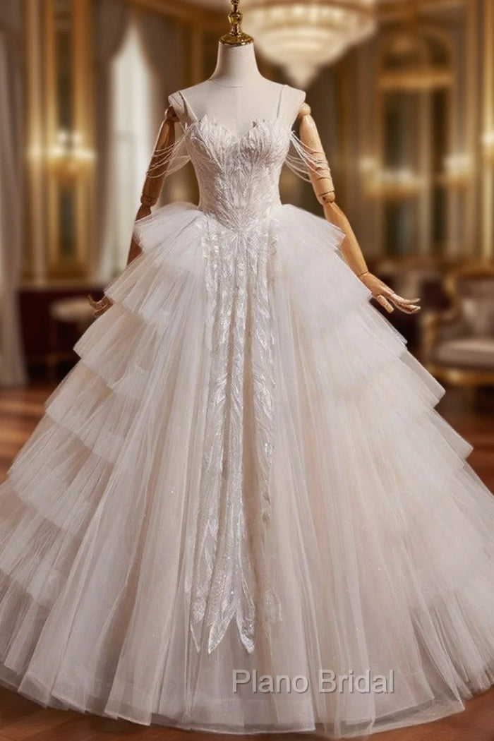 A-Line Sweetheart Neck Tulle Lace Light Champagne Long Wedding Dresses with Beads Main image