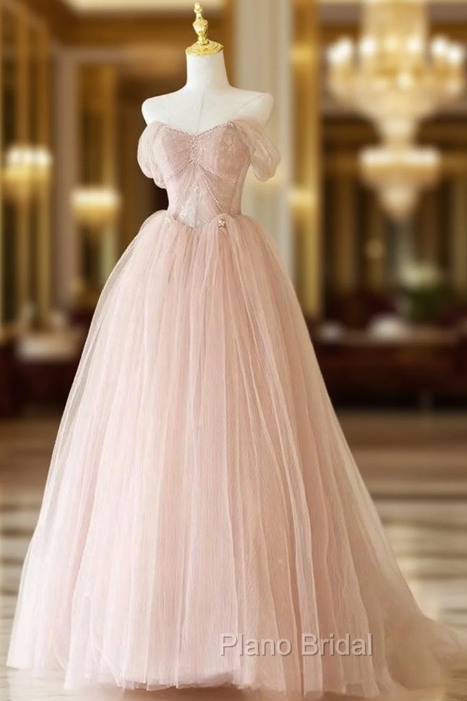 A-Line Sweetheart Neck Tulle Lace Long Pink Formal Prom Dresses, Pink Party Dresses with Beads Main image