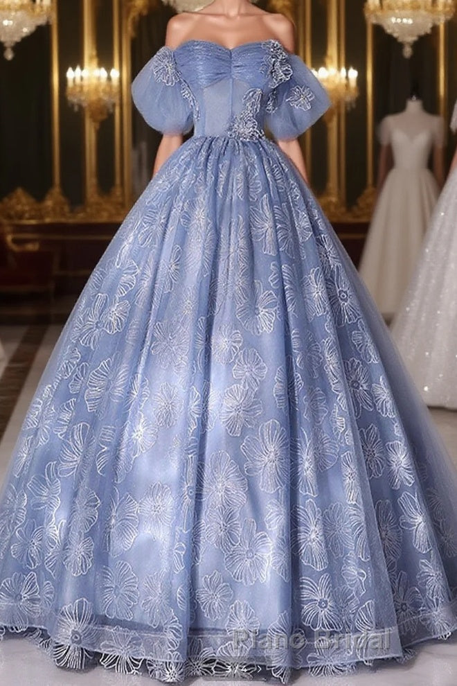 A-Line Sweetheart Neck Tulle Lace Long Formal Prom Dress, Blue Sweet 16 Dress Main image