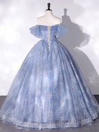 A-Line Sweetheart Neck Tulle Lace Long Formal Prom Dress, Blue Sweet 16 Dress