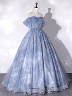 A-Line Sweetheart Neck Tulle Lace Long Formal Prom Dress, Blue Sweet 16 Dress