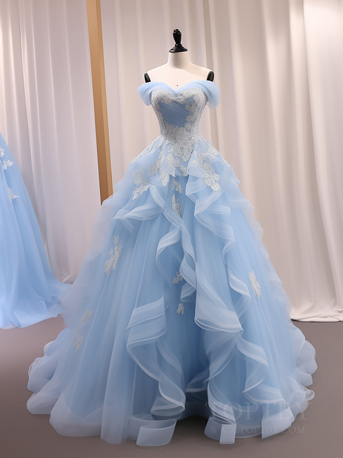 A-Line Sweetheart Neck Tulle Lace Off Shoulder Blue Long Formal Prom Dresses Main image