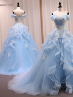 A-Line Sweetheart Neck Tulle Lace Off Shoulder Blue Long Formal Prom Dresses
