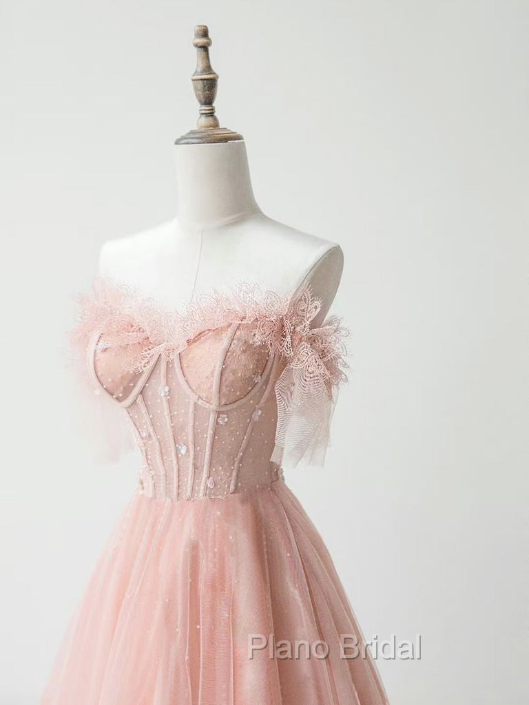 A-Line Sweetheart Neck Tulle Lace Pink Long Formal Prom Dresses, Pink Formal Dresses