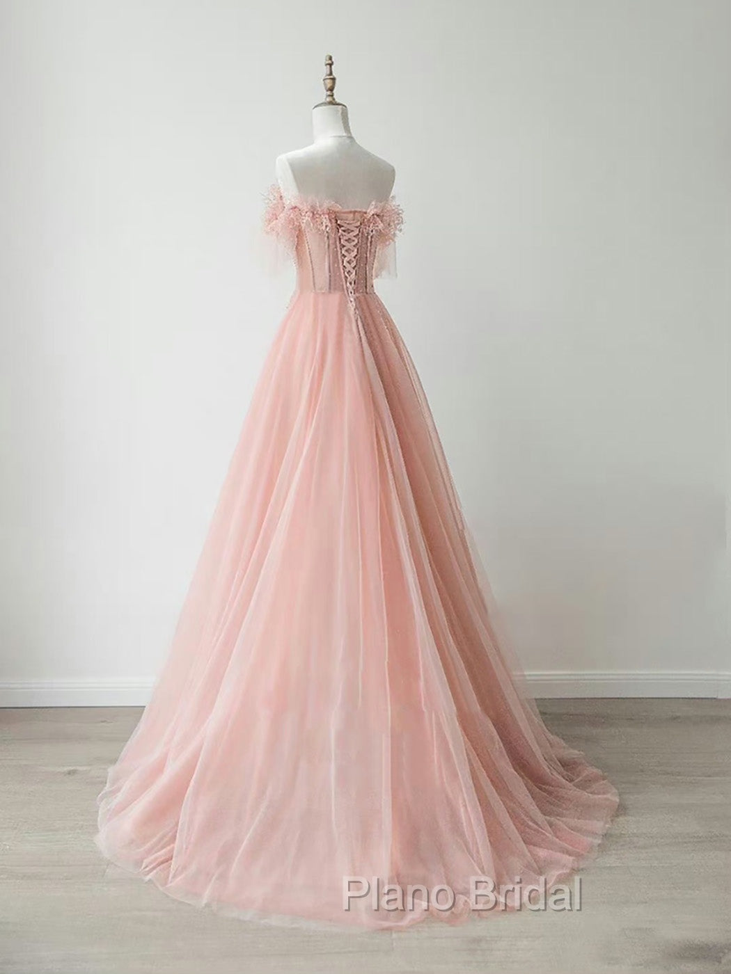 A-Line Sweetheart Neck Tulle Lace Pink Long Formal Prom Dresses, Pink Formal Dresses Secondary image