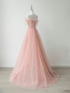 A-Line Sweetheart Neck Tulle Lace Pink Long Formal Prom Dresses, Pink Formal Dresses