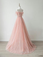 A-Line Sweetheart Neck Tulle Lace Pink Long Formal Prom Dresses, Pink Formal Dresses