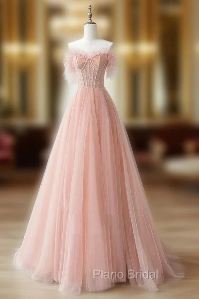 A-Line Sweetheart Neck Tulle Lace Pink Long Formal Prom Dresses, Pink Formal Dresses Main image