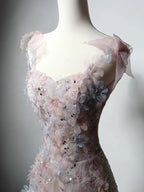 A-Line Sweetheart Neck Tulle Lace Pink Long Formal Prom Dresses, Pink Long Formal Dresses