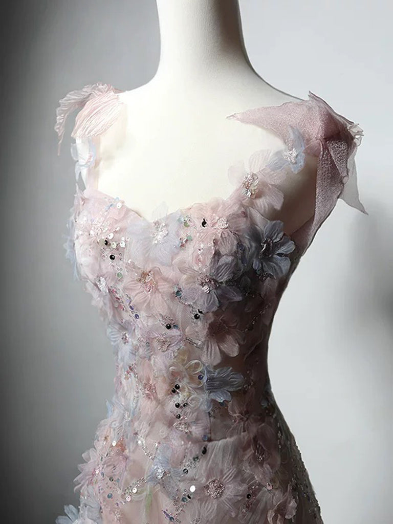 A-Line Sweetheart Neck Tulle Lace Pink Long Formal Prom Dresses, Pink Long Formal Dresses