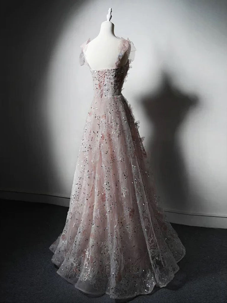 A-Line Sweetheart Neck Tulle Lace Pink Long Formal Prom Dresses, Pink Long Formal Dresses