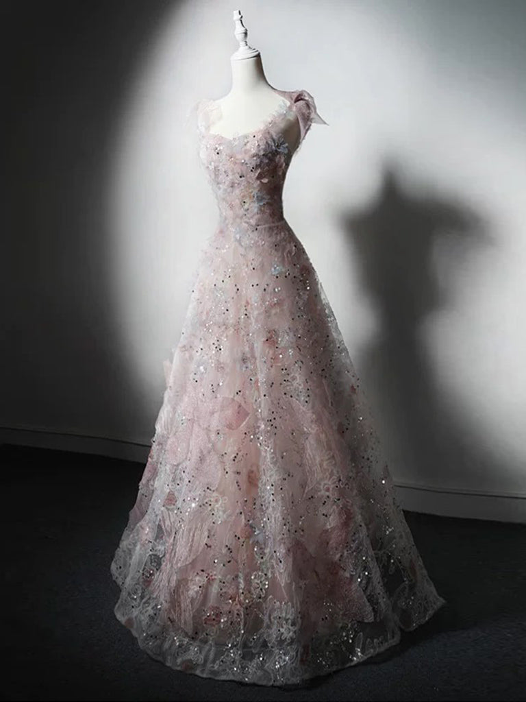 A-Line Sweetheart Neck Tulle Lace Pink Long Formal Prom Dresses, Pink Long Formal Dresses
