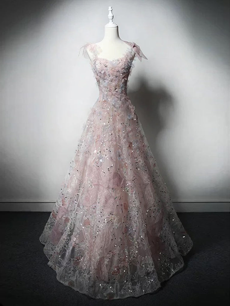 A-Line Sweetheart Neck Tulle Lace Pink Long Formal Prom Dresses, Pink Long Formal Dresses Main image