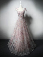 A-Line Sweetheart Neck Tulle Lace Pink Long Formal Prom Dresses, Pink Long Formal Dresses