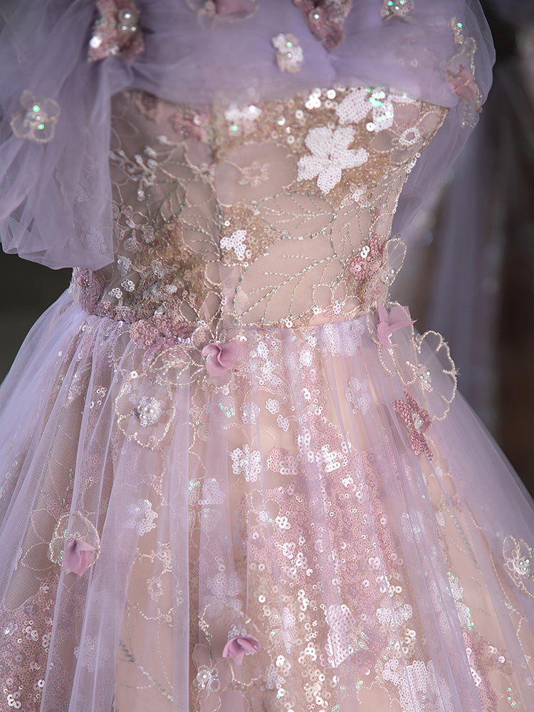 A-Line Sweetheart Neck Tulle Lace Purple Long Formal Prom Dresses, Purple Long Formal Dresses