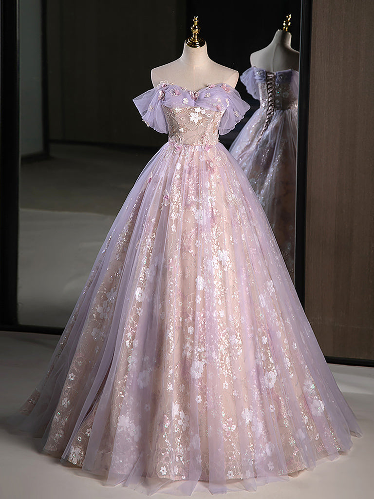 A-Line Sweetheart Neck Tulle Lace Purple Long Formal Prom Dresses, Purple Long Formal Dresses Main image