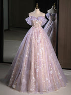 A-Line Sweetheart Neck Tulle Lace Purple Long Formal Prom Dresses, Purple Long Formal Dresses