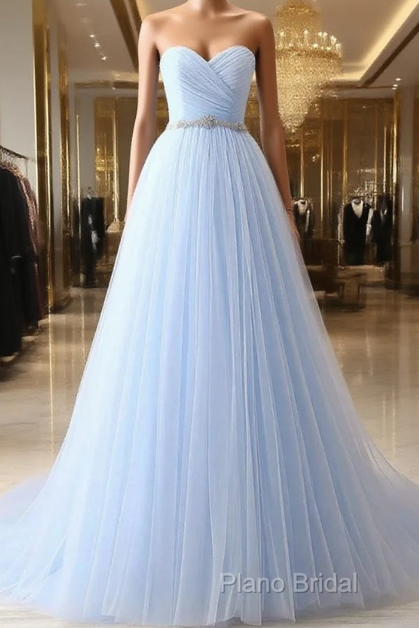 A-Line Sweetheart Neck Tulle Light Sky Blue Long Formal Prom Dresses
