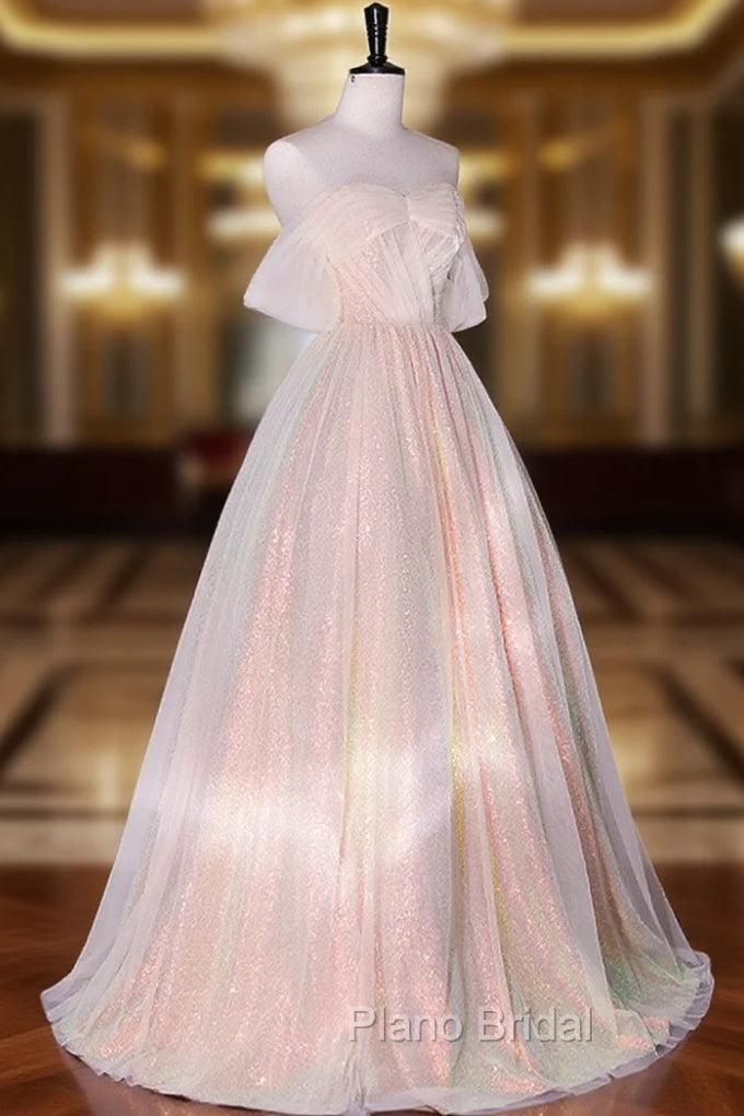 A-Line Sweetheart Neck Tulle Pink Formal Dresses, Off Shoulder Pink Formal Dresses Main image
