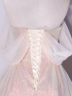 A-Line Sweetheart Neck Tulle Pink Formal Dresses, Off Shoulder Pink Formal Dresses
