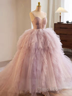 A-Line Sweetheart Neck Tulle Pink Long Formal Prom Dresses, Pink Formal Dresses