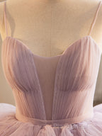 A-Line Sweetheart Neck Tulle Pink Long Formal Prom Dresses, Pink Formal Dresses