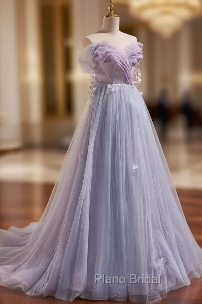 A-Line Sweetheart Neck Tulle Purple Long Formal Prom Dresses, Purple Formal Dresses