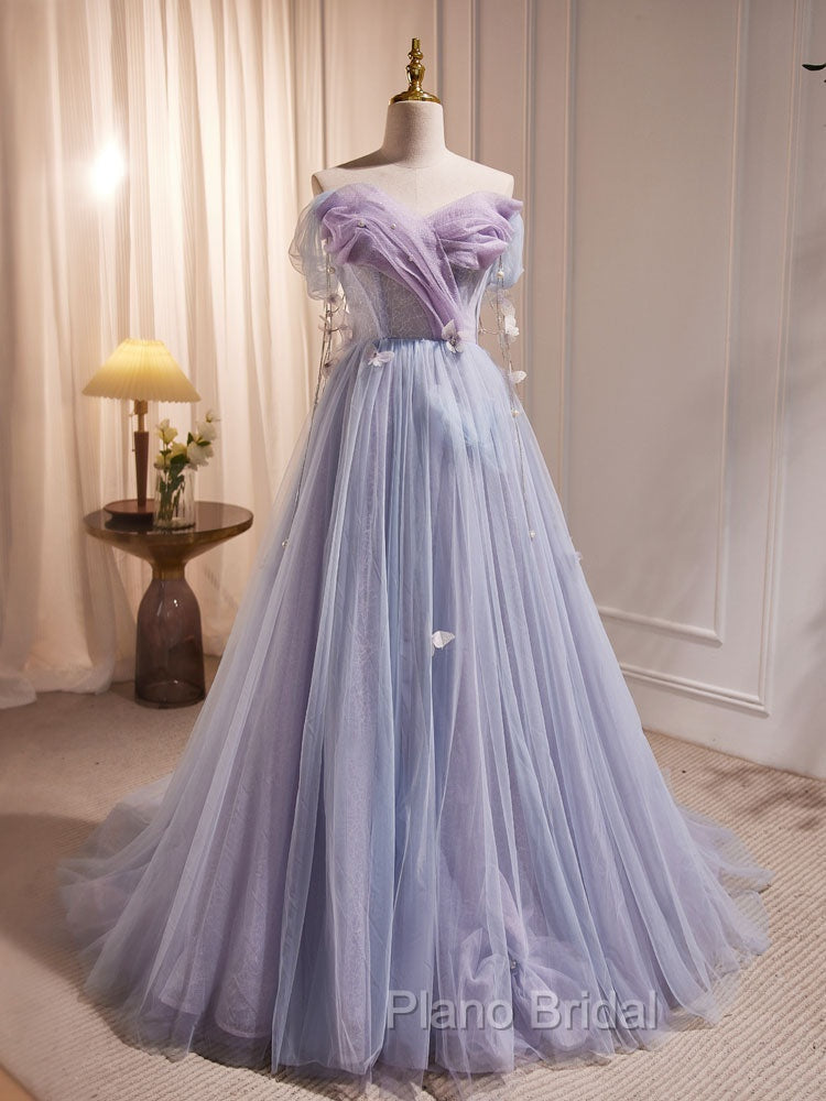 A-Line Sweetheart Neck Tulle Purple Long Formal Prom Dresses, Purple Formal Dresses Secondary image