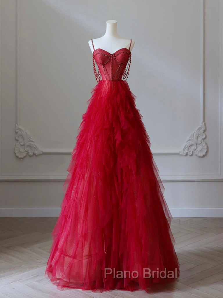 A-Line Sweetheart Neck Tulle Red Long Formal Prom Dresses, Red Long Graduation Dresses with Beads Secondary image