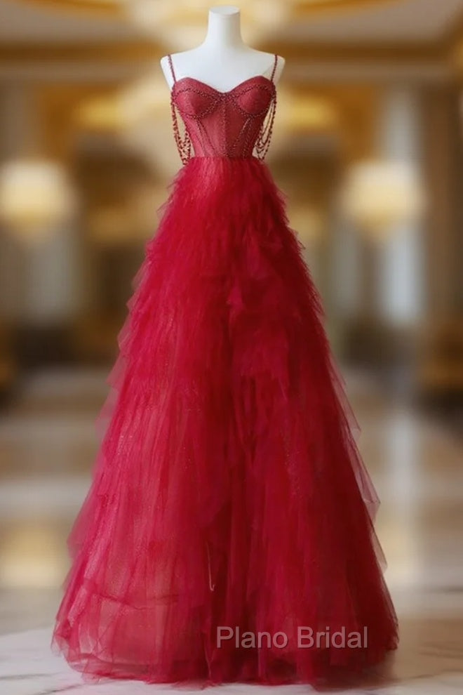 A-Line Sweetheart Neck Tulle Red Long Formal Prom Dresses, Red Long Graduation Dresses with Beads Main image