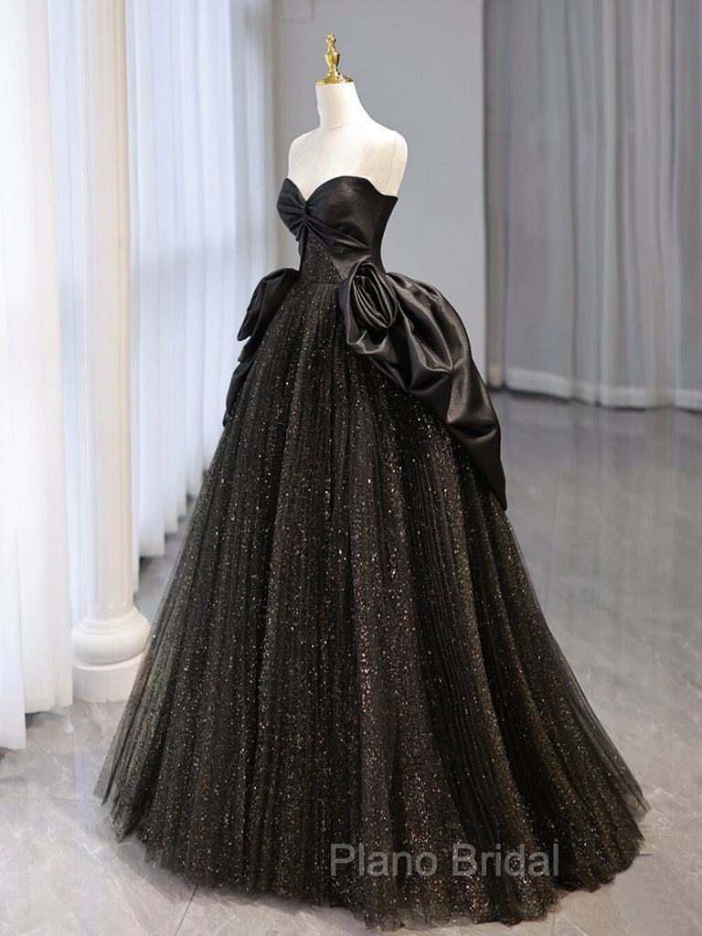 A-Line Sweetheart Neck Tulle Satin Black Long Formal Prom Dresses, Black Long Evening Dresses Secondary image