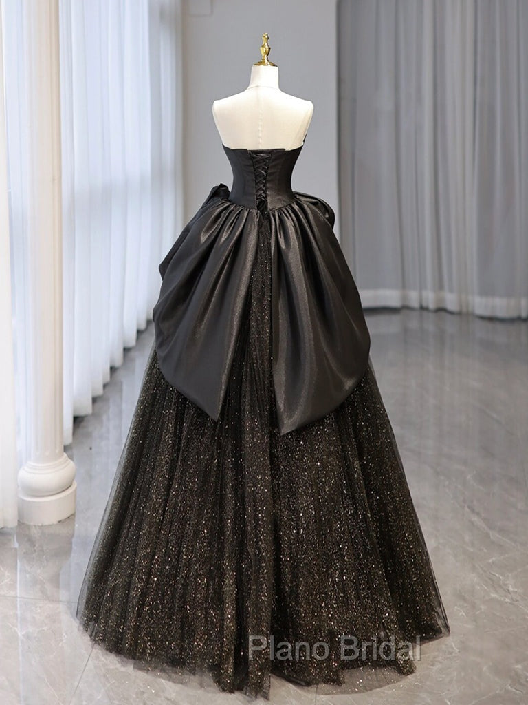 A-Line Sweetheart Neck Tulle Satin Black Long Formal Prom Dresses, Black Long Evening Dresses