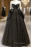 A-Line Sweetheart Neck Tulle Satin Black Long Formal Prom Dresses, Black Long Evening Dresses