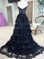 A-Line Sweetheart Neck Tulle Sequin Navy Blue Long Prom Dress