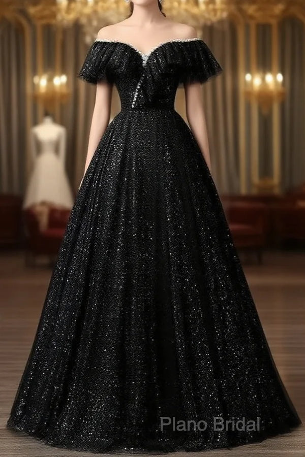A-Line Sweetheart Neck Tulle Sequin Black Long Formal Prom Dresses, Black Long Formal Dresses Main image